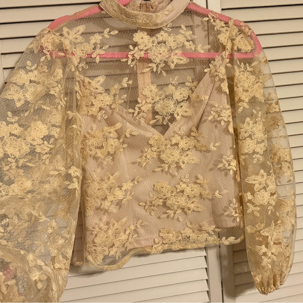 Openwork blouse. Chiffon. beige. Zipper at back.